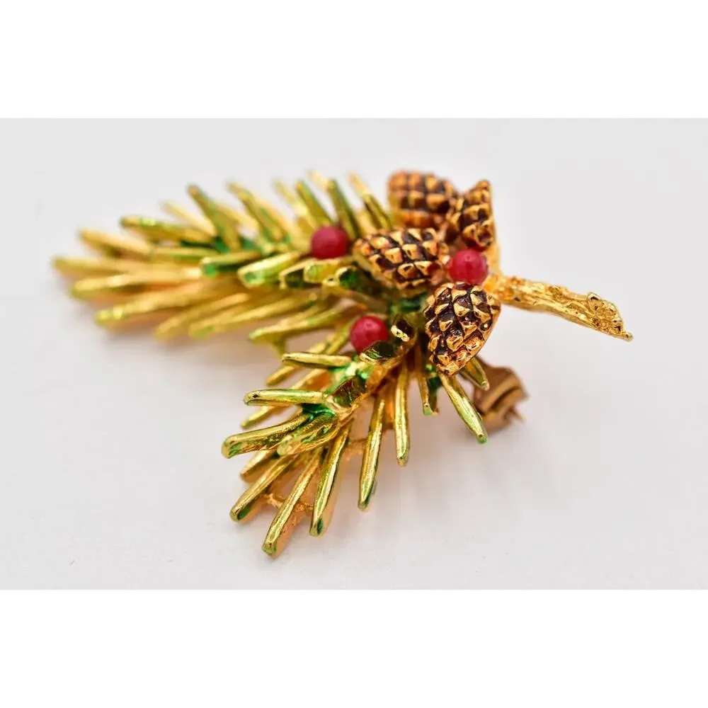 ART Vintage Christmas Pinecone Brooch Gold Red Berry Evergreen Branch Pin BinBI